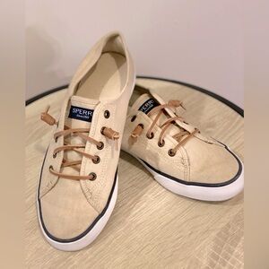 Sperry Topsiders, Tan in color, Size 8.